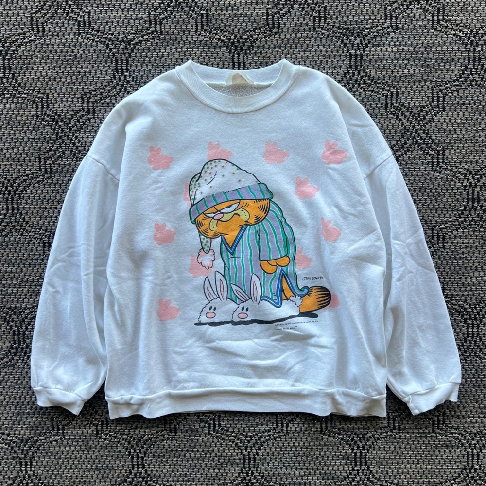 Vintage Garfield Sweatshirt Womens Large White Cat Comic Bunny Slippers 90s